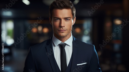 Professional Businessman in Formal Attire Standing in Dimly Lit Room