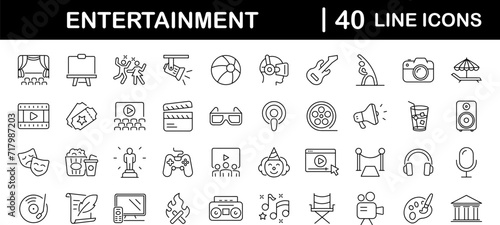 Entertainment set of web icons in line style. Lifestyle and Entertainment icons for web and mobile app. Theater, cinema, video, dance, theater, game. Vector illustration