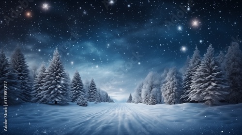 Snowy Landscape With Trees and Stars in the Sky