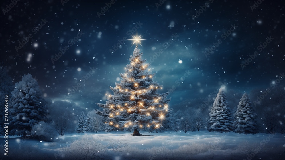 A Lit Christmas Tree Shining in a Snowy Winter Landscape
