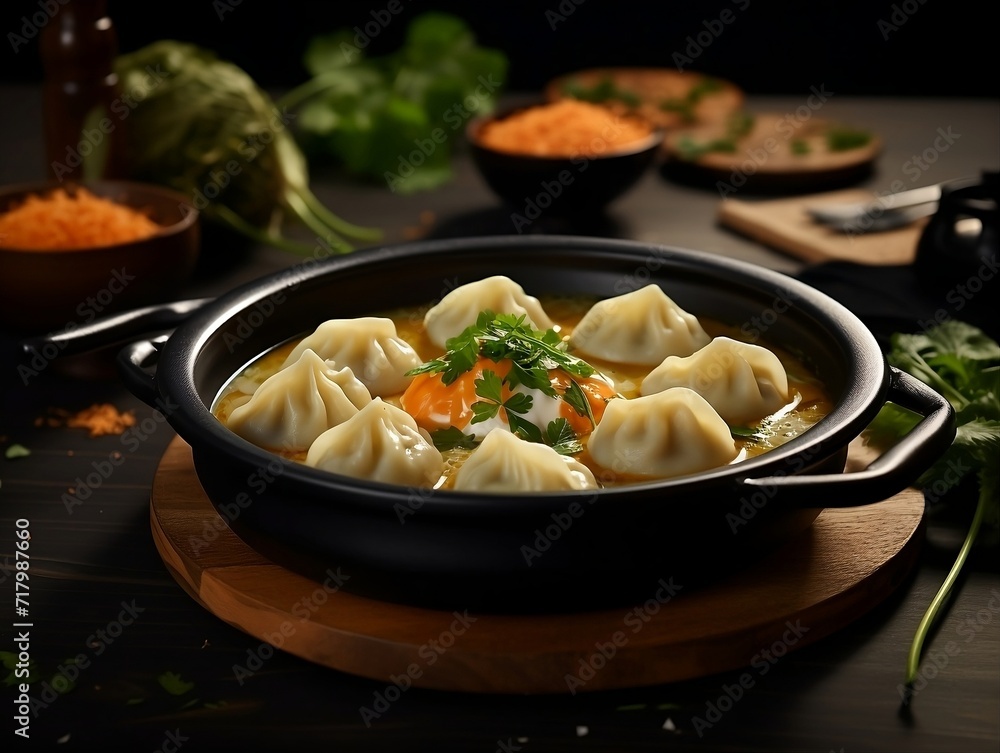 Dumplings with soup in a black plate on a wooden table Dumplings with soup in a black plate on a wooden table