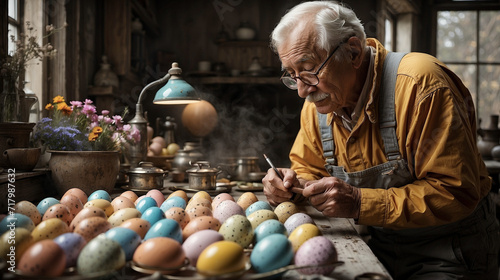 Wallpaper Mural Happy grandfather decorating Easter eggs with art and tradition Torontodigital.ca