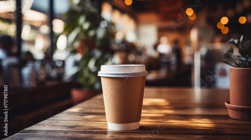 Paper cup of coffee on a wooden table in a coffee shop. Space for text and design.