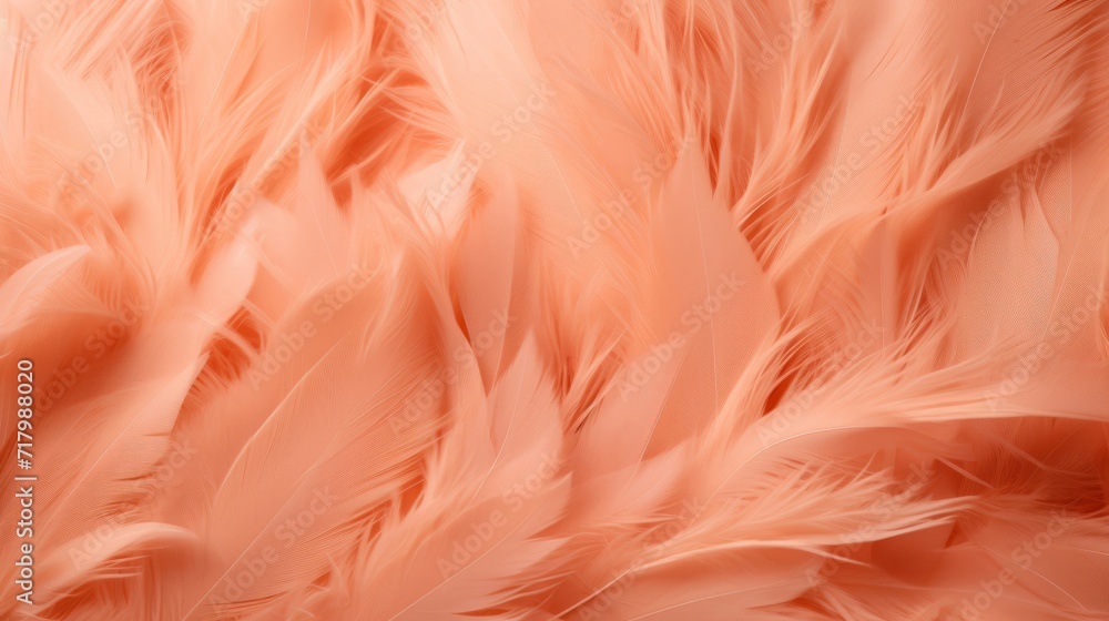 Feathers in a peach fuzz color as a background. Top view. Feathers in a peach fuzz color as a background. Top view.