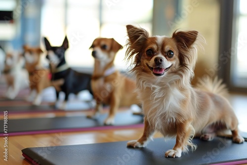 pilates for dogs. dogs stretching on yoga mat photo