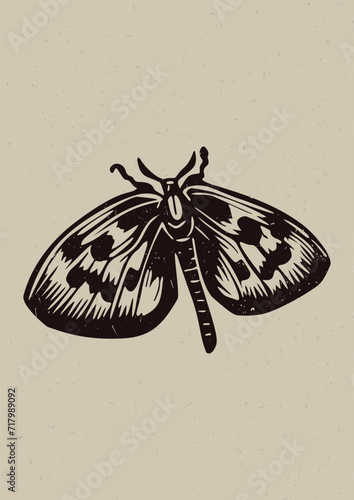 Handmade linocut butterfly motif clipart in folkart scandi style. Simple monochrome block print insect shapes with woodcut paper texture effect. 
