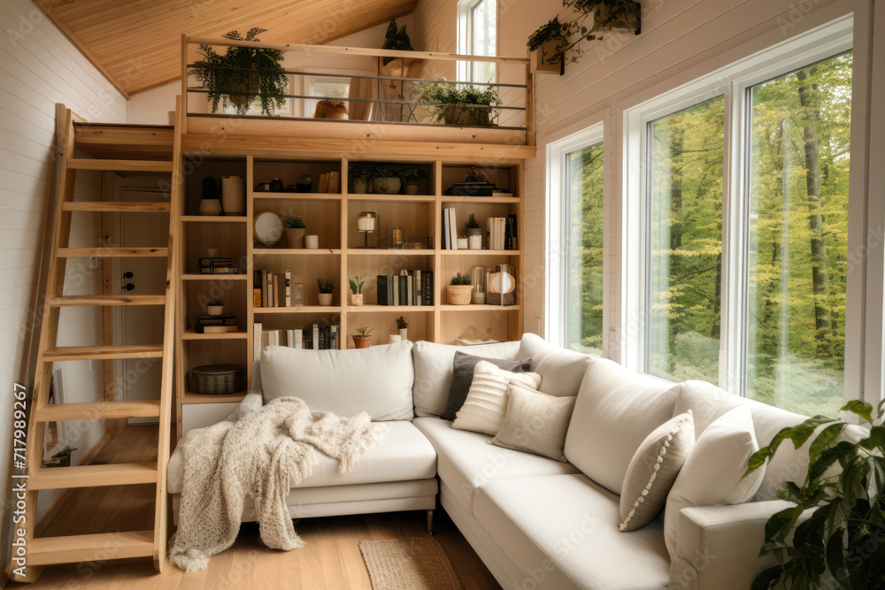 Obraz premium Cozy tiny house living room, with a focus on efficient use of space and minimalist decor