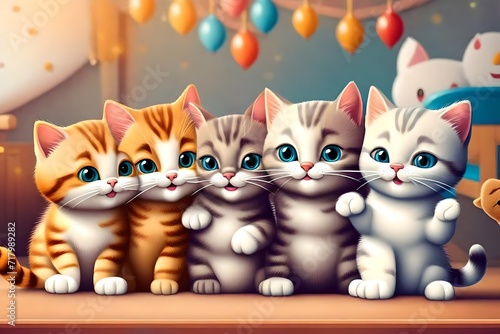 cartoon kittens characters friends together for children friendship and play time happy joy as wide banner or poster for daycare and kindergarten and kids bedroom