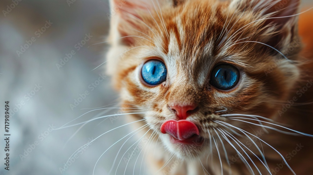 Amusing feline licks its mouth. Picture of a white-crimson kitty with stunning azure gazes facing forward. Adorable famished cat. Studio image. Empty area for words.