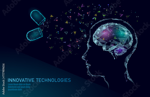 Brain treatment low poly 3D render. Drug nootropic human ability stimulant smart mental health. Medicine cognitive rehabilitation in Alzheimer disease and dementia patient vector illustration
