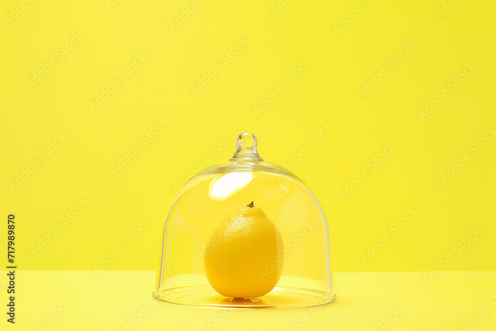 Creative concept of lemon under transparent glass dome on bright yellow background. Minimal summer food concept. Copy space. Banner