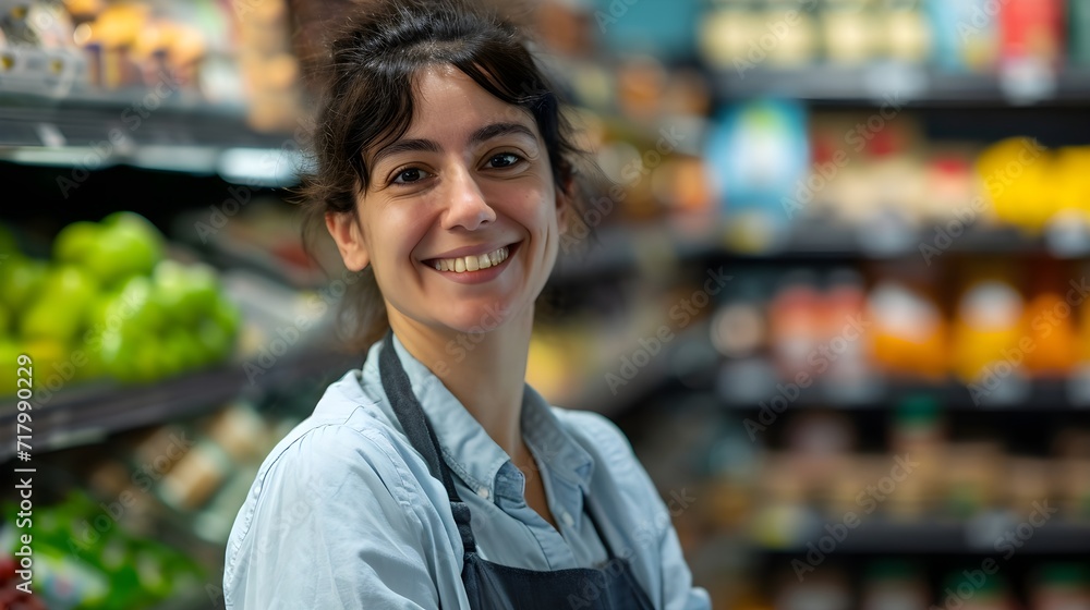 Smiling young female supermarket worker.