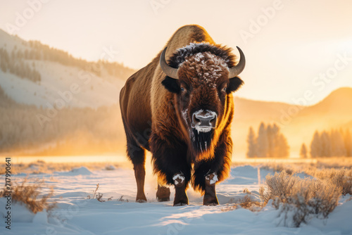  Photograph of a majestic bison in a snow-covered field, early morning light casting a golden glow