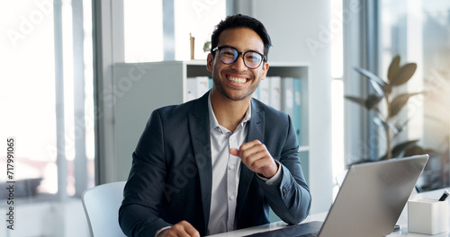 Happy, office laptop and business man, bank consultant or admin worker with career smile, job experience or pride. Corporate portrait, administration and professional person working on online account photo
