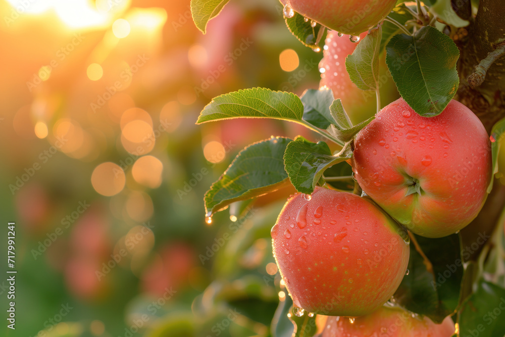 Juicy apples in a garden. Background image. Created with Generative AI technology Juicy apples in a garden. Background image. Created with Generative AI technology