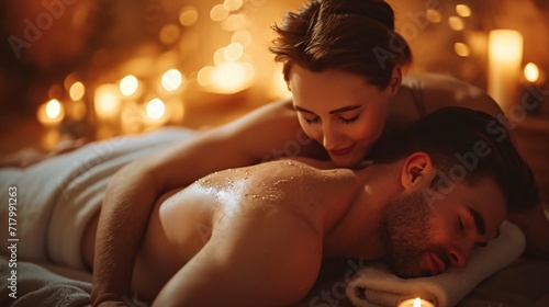 Attractive male receiving rejuvenating back therapy at spa, experiencing a calming ambiance and revitalizing after a busy day, therapist providing healing massage promoting wellness.