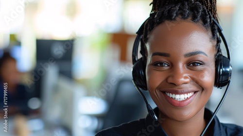 Joyful African female call center representative using a VOIP headset for consulting and communicating with customers, with a cheerful smile and headphones at her desk. photo