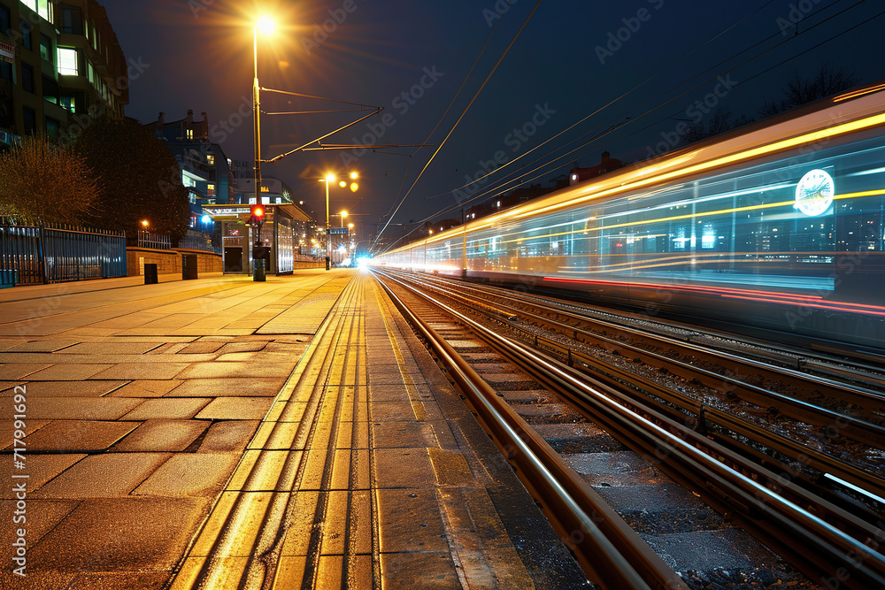 train at night in a city driving in motion with light trails at a railway station. train at night in a city driving in motion with light trails at a railway station.