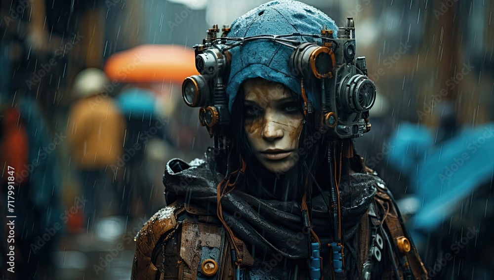 aFuturistic female robotwith gears walking in the rain