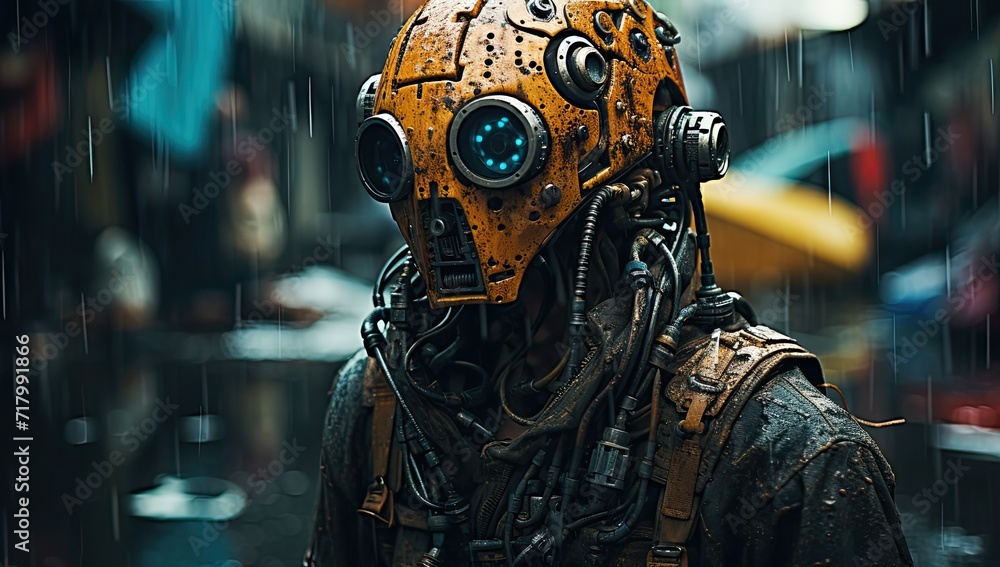 Robot with gears walking in the rain.