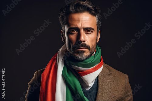 
Photograph of an Italian fashion designer, aged 40, with the Italian flag as a stylish scarf accessory photo