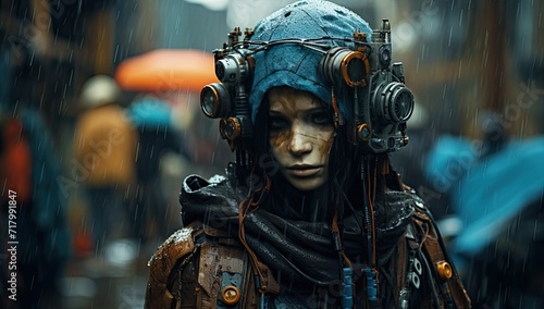 aFuturistic female robotwith gears walking in the rain