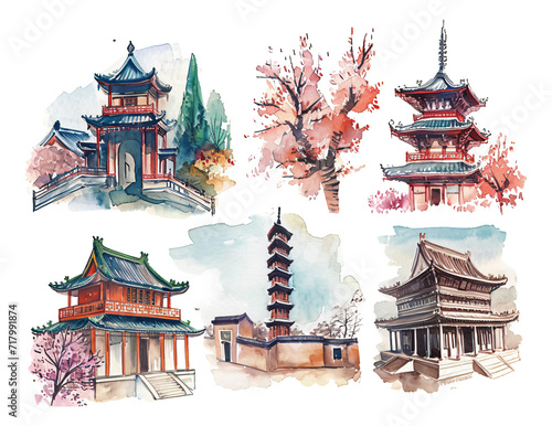 Chinese ancient architectural elements watercolor hand-painted style