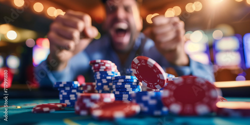 Spieler sitzt im Casino am Spieltisch und gewinnt photo
