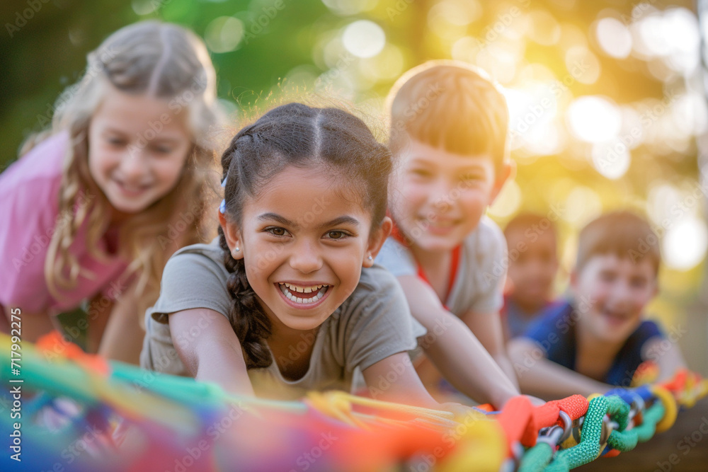 group of children participating in a playful obstacle course on the commercial playground, with a cheerful blurry light bokeh background, promoting physical activity and teamwork