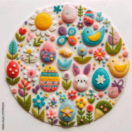 Easter decoration with colorful eggs, flowers and birds on white background