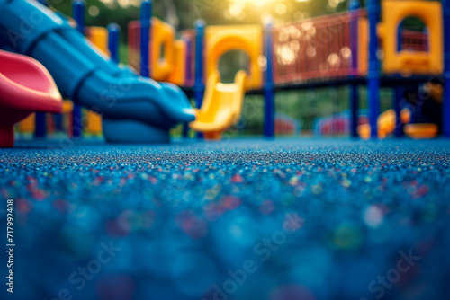 playground with vibrant colors and soft rubber surfacing, set against a delightful blurry light bokeh background, creating a visually appealing and safe play environment photo