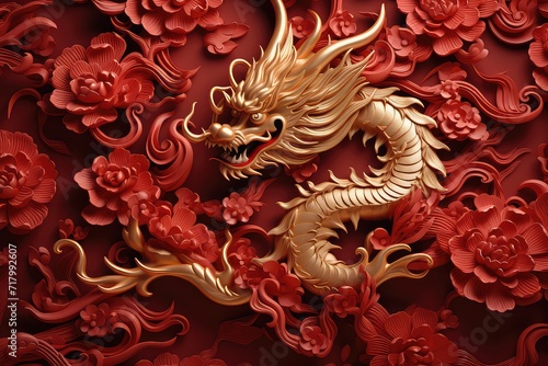 Golden dragon motifs background, Generative AI