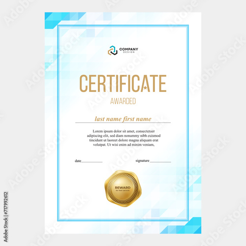 Design of certificate, diploma with medal, seal, layout in vector