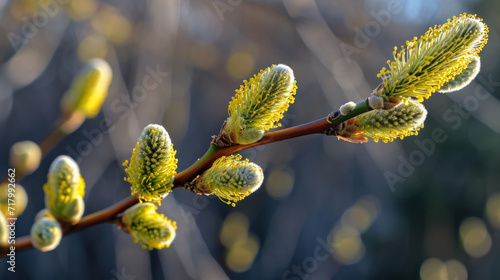 Spring background, the first green fluffy buds swell and bloom willow tree, poster photo