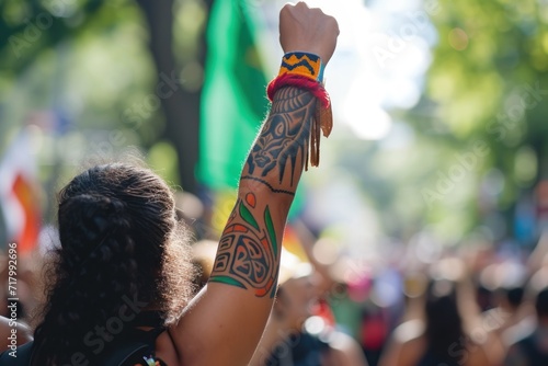 A political rally or protest led by Indigenous activists. showing their arm up high, tattoo, Native American, Indigenous concept. protesting for their rights and the protection of their land © Gasi