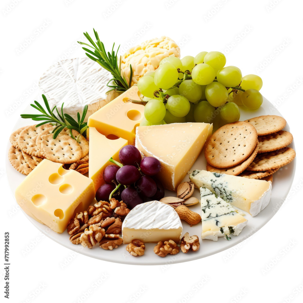 Assorted Plate of Cheese, Crackers, Nuts, and Grapes for Appetizing Snack or Party Platter Assorted Plate of Cheese, Crackers, Nuts, and Grapes for Appetizing Snack or Party Platter