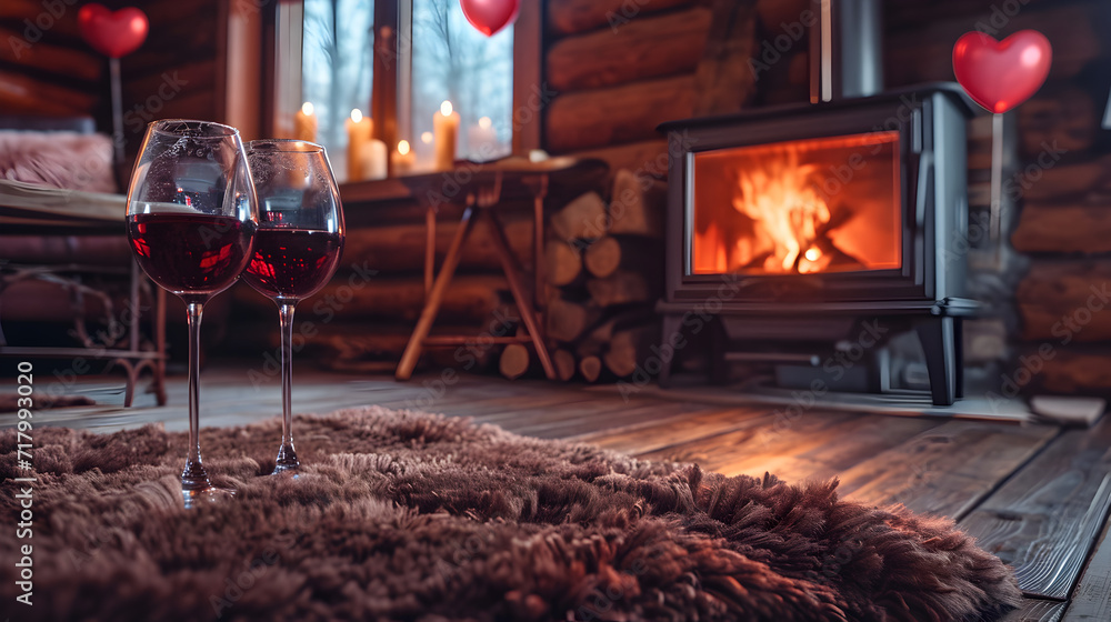 Cinematic photograph of two red wine glasses at a wood log cabin living room in winter. Fireplace. Heart shaped balloons and confeti. Valentines. Love - obrazy, fototapety, plakaty 
