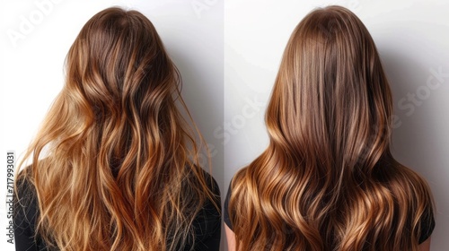 woman posing on white background with change before and after hair extension look