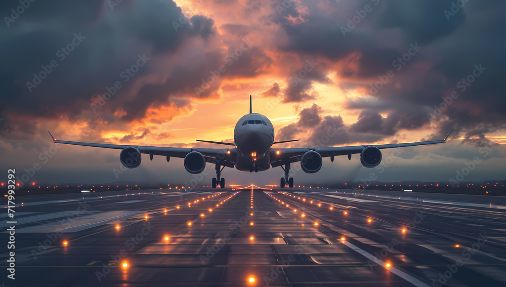The majestic twinjet aircraft gracefully takes flight, its powerful jet engines propelling it towards the colorful sky as the sun sets over the airport runway - obrazy, fototapety, plakaty 