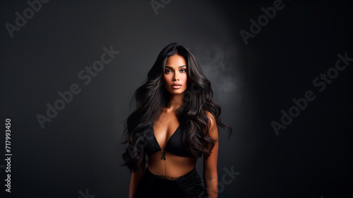 Beautiful brunette model with perfect complexion and long hair dressed in black posing © Antonio