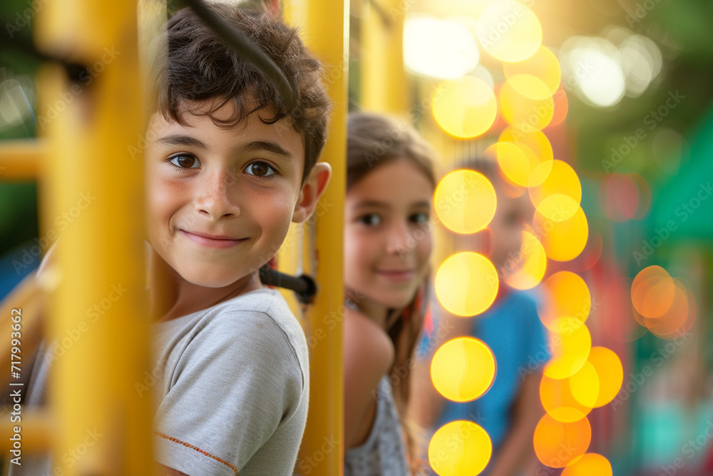 Obraz premium children engaged in different activities on the playground, with a delightful blurry light bokeh background, highlighting the inclusivity and dynamic nature of commercial play area