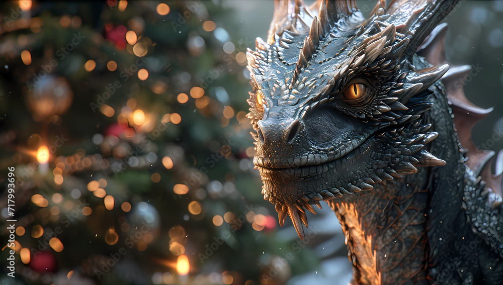 A majestic dragon statue stands tall amidst the winter wonderland, adorned with a festive christmas tree, evoking feelings of holiday magic and mythical beauty in an outdoor setting