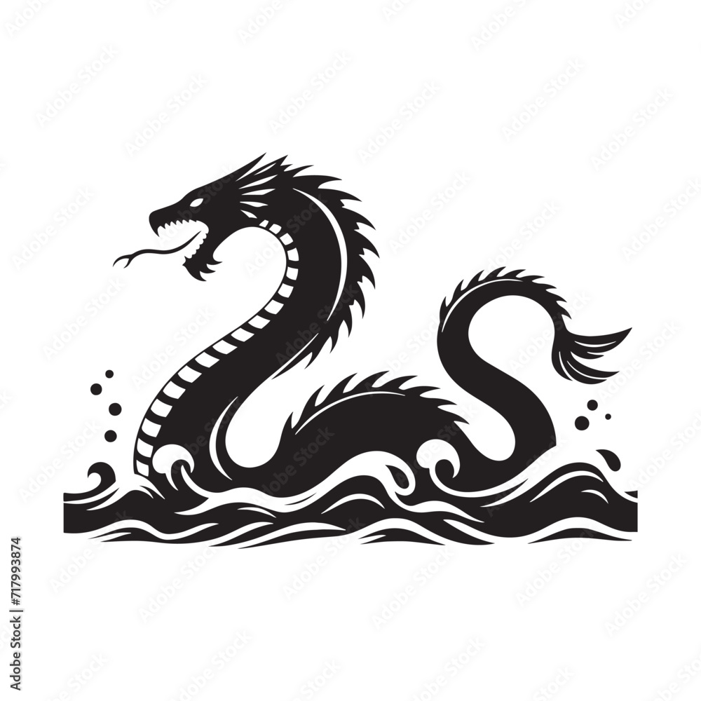 Naklejka premium Aquatic Legends: Sea Serpent Silhouette Tapestry Weaving Tales of Ancient Nautical Mythos - Sea Serpent Illustration - Sea Serpent Vector 
