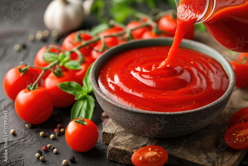 A bowl of freshly poured tomato ketchup, capturing the essence of culinary refinement © Veniamin Kraskov