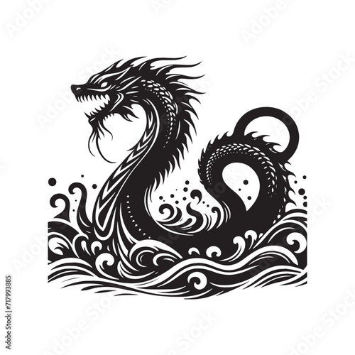 Celestial Sea Serpents: A Cosmic Ballet of Silhouetted Sea Serpents Amidst Starry Maritime Canvases - Sea Serpent Illustration - Sea Serpent Vector 