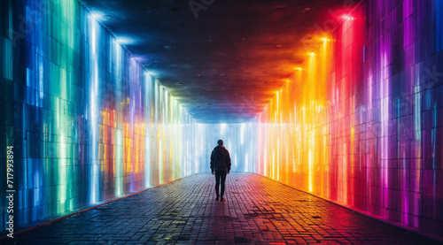 a person walking down a walkway with a rainbow colored wall behind them and a person standing in the middle, generative ai