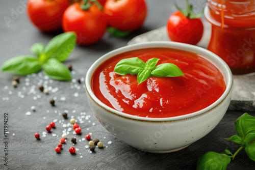 A bowl of freshly poured tomato ketchup, capturing the essence of culinary refinement