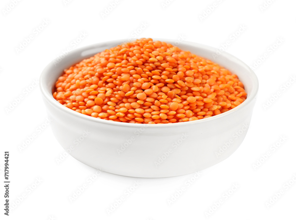 Raw red lentils in bowl isolated on white Raw red lentils in bowl isolated on white