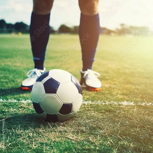 Soccer shoes and football on the green grass