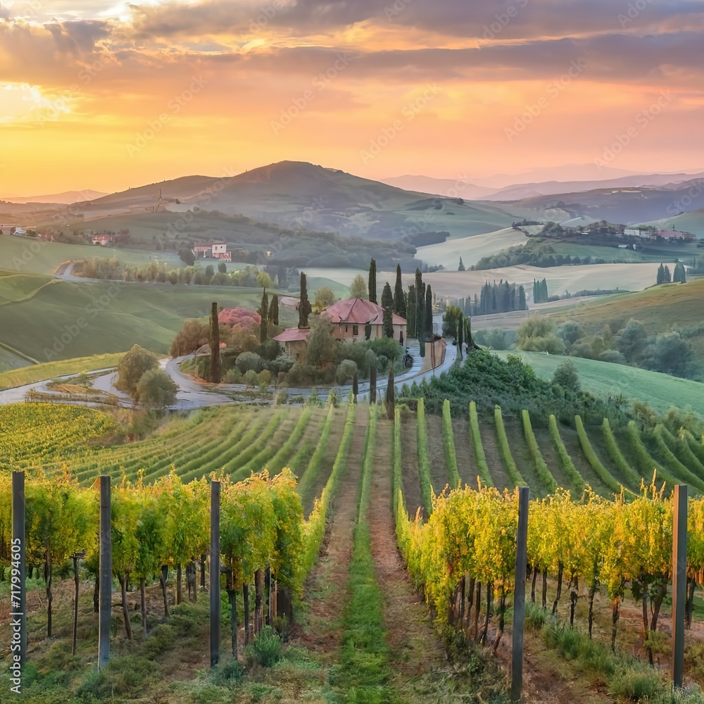 Sun kissed vineyards in tranquil Italian countryside